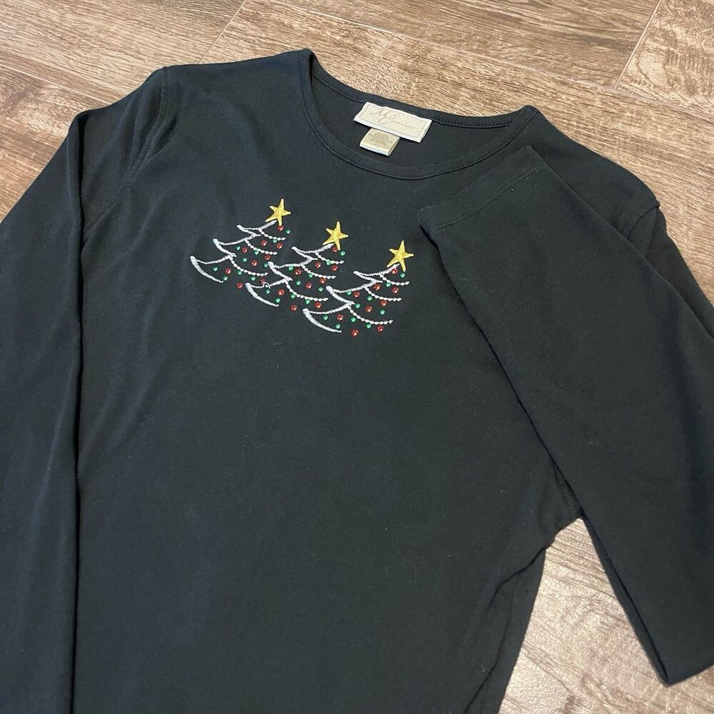 Vintage M & C Sportswear Embroidered Shirt L Christmas Trees Stars Long Sleeve